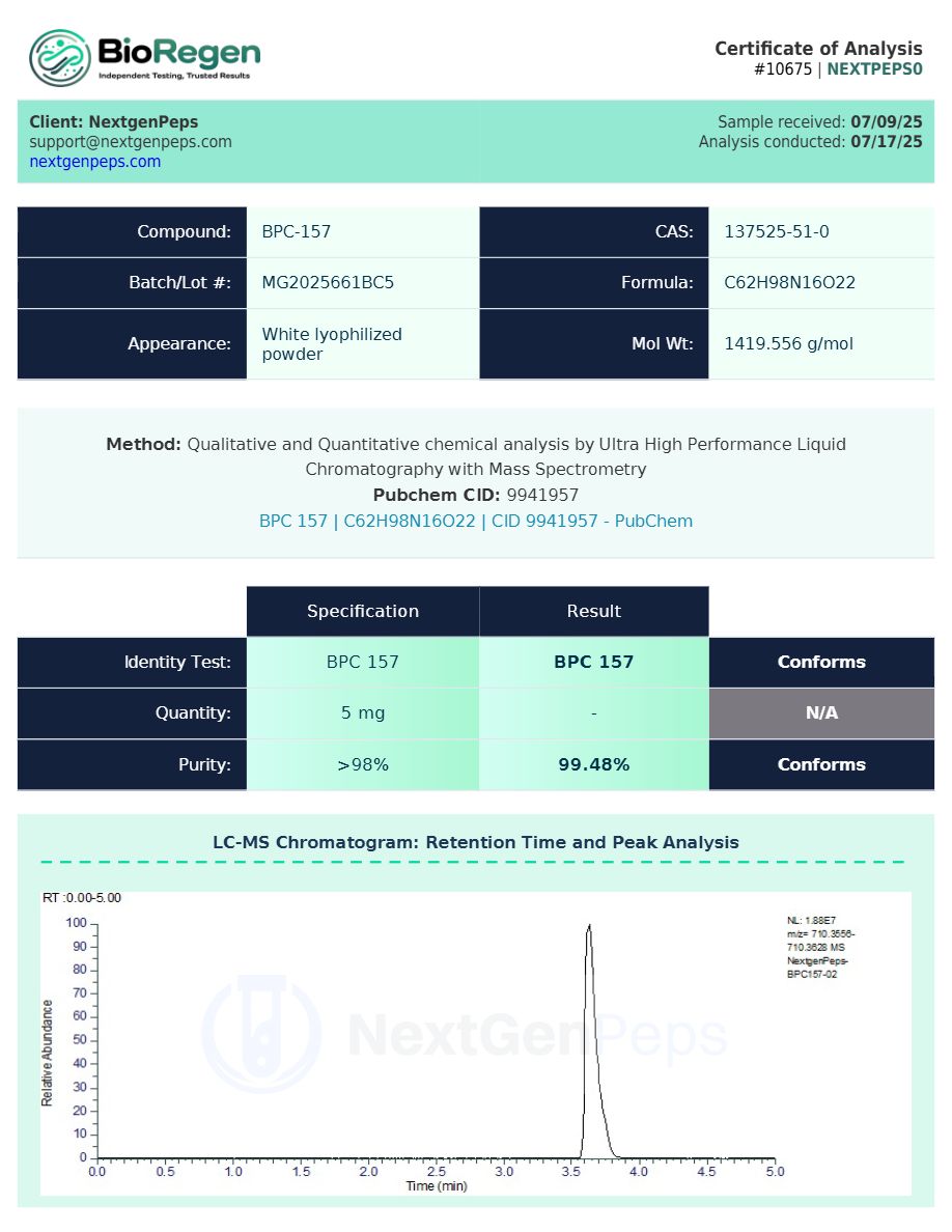 Next Gen Peptides BPC-157 5mg / Vial lab test result preview